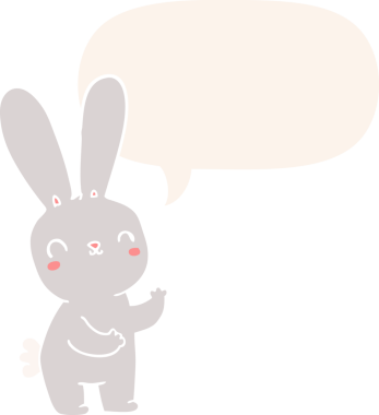 Konuşma baloncuğu olan sevimli çizgi film tavşanı insan tarafından çizilmiş.