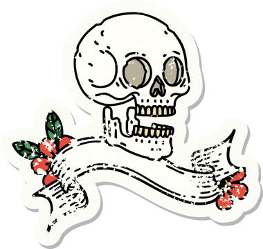 Bir insan tarafından çizilmiş kafatasının pankartıyla eski bir etiket.