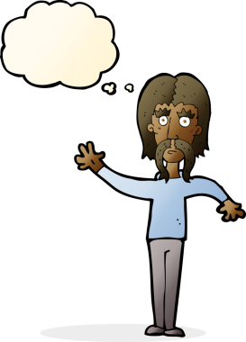 Bir insan tarafından çizilmiş düşünce baloncuklu bıyıklı bir çizgi film adamı.