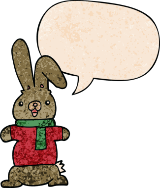 Konuşma baloncuklu çizgi film tavşanı insan tarafından çizilmiş.