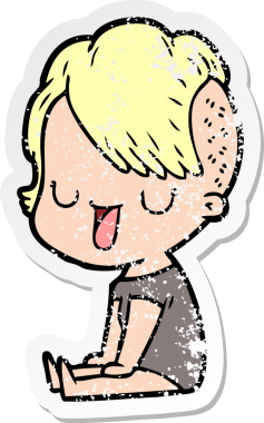 Hipster saç kesimi bir insan tarafından çizilmiş tatlı bir çizgi film kızına ait sıkıntılı bir etiket.