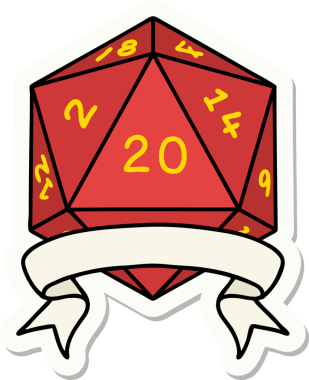 Bir insan tarafından çizilmiş 20 kritik vuruşluk D20 zar etiketi.