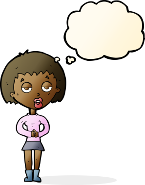 Bir insan tarafından çizilmiş düşünce baloncuğuyla bekleyen sıkıcı bir kadın çizgi filmi.