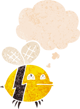 Düşünce baloncuğu olan çizgi film arısı bir insan tarafından çizilmiş dertli retro tarzı