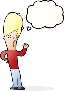 Bir insan tarafından çizilmiş düşünce baloncuğuyla el sallayan çizgi film adamı.