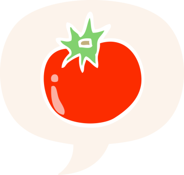 bir insan tarafından çizilmiş, konuşma baloncuklu çizgi film domatesi