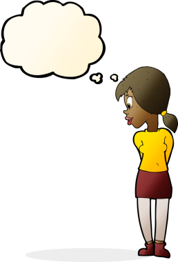 Bir insan tarafından çizilmiş düşünce balonlu güzel kız.