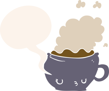 Bir insan tarafından çizilmiş eski moda konuşma baloncuklu şirin çizgi film kahve fincanı.