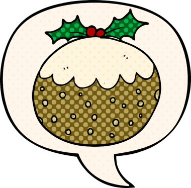 Bir insan tarafından çizilmiş, çizgi roman tarzında konuşma balonlu Noel pudingi.