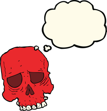 Bir insan tarafından çizilmiş düşünce baloncuklu garip kafatası.