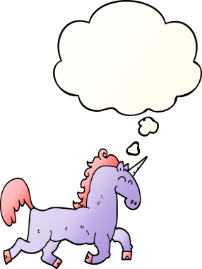 Düşünce baloncuğu olan tek boynuzlu at çizgi filmi bir insan tarafından çizildi.