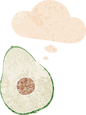 Düşünce baloncuklu çizgi film avokadosu grunge sıkıntılı retro desenli bir insan tarafından çizilmiş