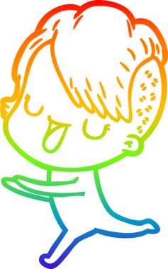 Gökkuşağı gradyan çizimi. Hipster saç kesimi bir insan tarafından çizilmiş şirin bir çizgi film kızı.