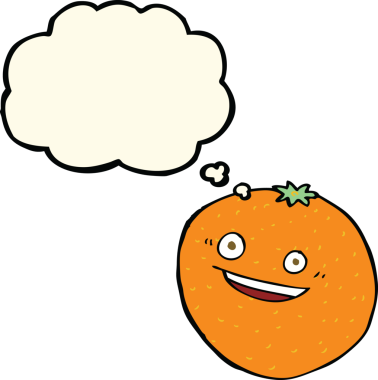 Mutlu turuncu çizgi film. Düşünce baloncuğu insan tarafından çizilmiş.