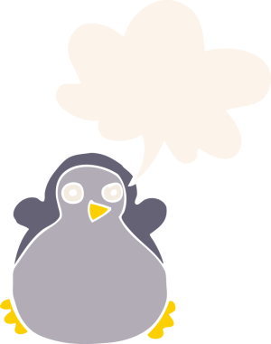 bir insan tarafından çizilmiş, retro tarzı konuşma balonu olan penguen çizgi filmi.