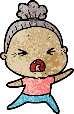 Bir insan tarafından çizilmiş kızgın yaşlı kadın çizgi filmi.