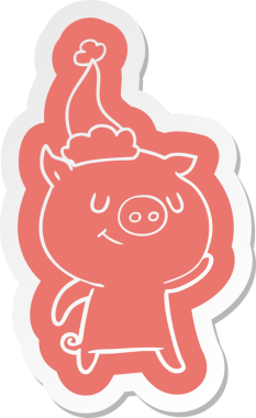 Bir insan tarafından çizilmiş Noel Baba şapkası takan bir domuzun komik çizgi film çıkartması.