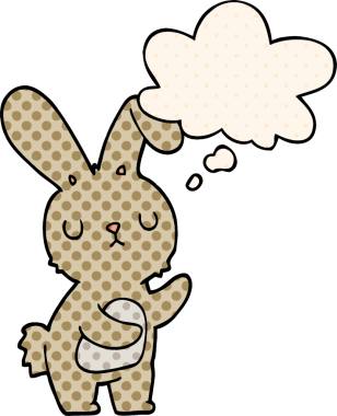 Bir insan tarafından çizilmiş çizgi roman tarzı düşünce baloncuğu olan sevimli çizgi film tavşanı.