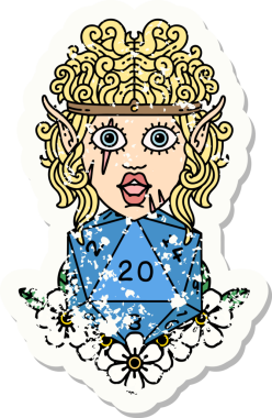 Bir insan tarafından çizilmiş doğal yirmi zarlı barbar bir elf karakterinin grunge çıkartması.