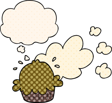 Bir insan tarafından çizilmiş çizgi roman şeklinde düşünce baloncuklu şirin bir turta.