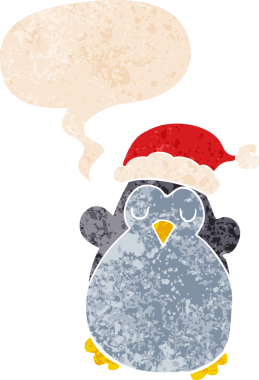 Hoş bir noel pengueni grunge 'da konuşma baloncuğu olan kederli eski moda bir insan tarafından çizilmiş.