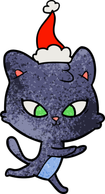 Bir insan tarafından çizilmiş Noel Baba şapkası takan kedi desenli bir el çizimi.