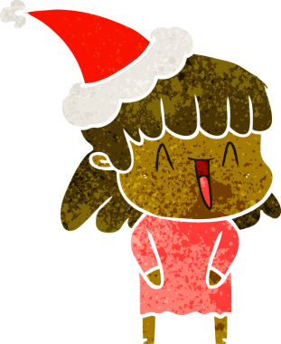 Bir insan tarafından çizilmiş Noel Baba şapkası giyen bir kadının el çizimi karikatürü.