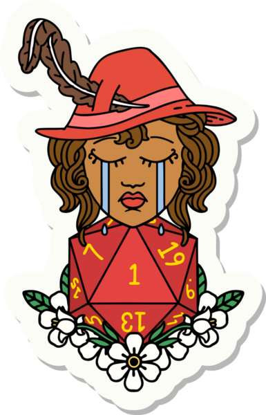 Ağlayan bir insan şairin çıkartması ve bir insan tarafından çizilmiş doğal bir D20 zar.