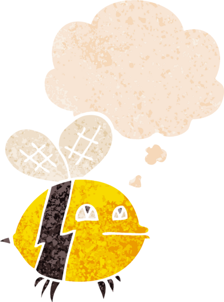 Düşünce baloncuğu olan çizgi film arısı bir insan tarafından çizilmiş dertli retro tarzı