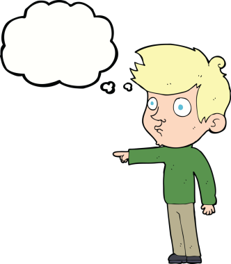 Bir insan tarafından çizilmiş düşünce kabarcığı olan çizgi film çocuğu.