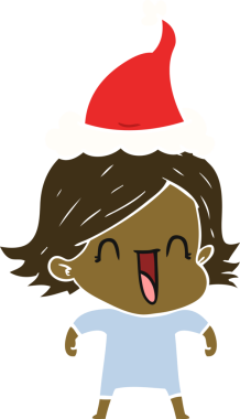 Bir insan tarafından çizilmiş Noel Baba şapkası takan mutlu bir kadının düz renkli çizimi.