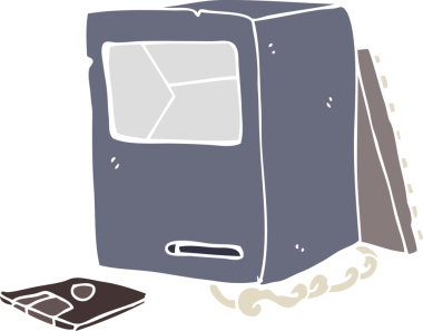 Düz renkli çizgi film. Kırık eski bilgisayar insan tarafından çizilmiş.