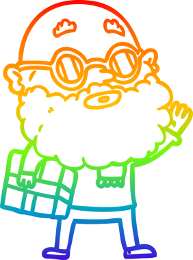 Gökkuşağı gradyan çizgi çizimi. Sakallı, güneş gözlüklü ve bir insan tarafından çizilmiş tuhaf bir adam.