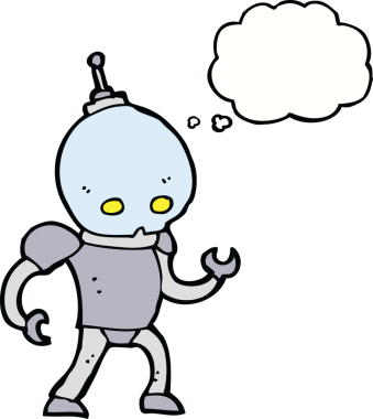 Bir insan tarafından çizilmiş düşünce baloncuklu uzaylı robot.