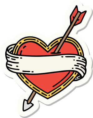 Bir insan tarafından çizilmiş ok kalp ve pankartın geleneksel stiliyle dövme çıkartması.