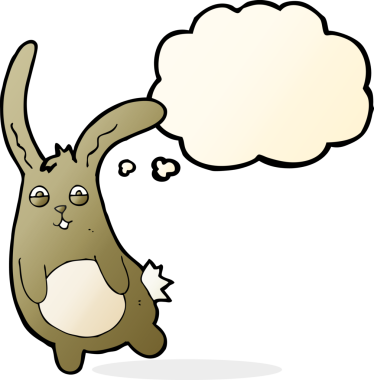 Bir insan tarafından çizilmiş düşünce balonlu komik çizgi film tavşanı.