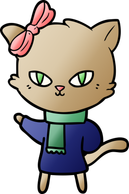 Bir insan tarafından çizilmiş kışlık giysili şirin bir çizgi film kedisi.