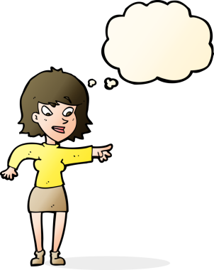 Bir insan tarafından çizilmiş düşünce balonuyla işaret eden çizgi film kadını.