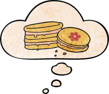 Düşünce baloncuklu çizgi film bisküvisi. Bir insan tarafından çizilmiş grunge doku tarzı.