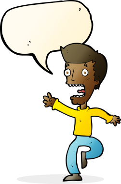 Bir insan tarafından çizilmiş, konuşma balonuyla dehşete düşmüş bir adam.