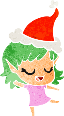 Mutlu el çizimi, bir insan tarafından çizilmiş Noel Baba şapkası takan bir elf kızı karikatürü.