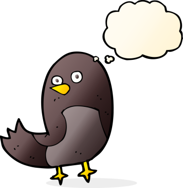 Bir insan tarafından çizilmiş düşünce baloncuklu çizgi film kuşu.