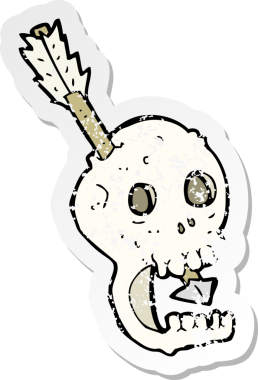 Bir insanın çizdiği komik bir karikatür kafatası ve okun gerilimli retro yapıştırması