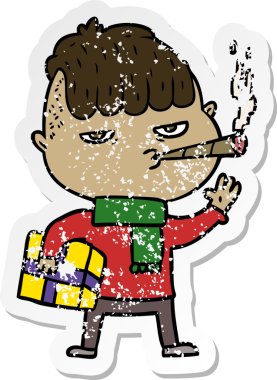 Bir insan tarafından çizilmiş noel hediyesiyle sigara içen bir karikatürcünün sıkıntılı çıkartması.