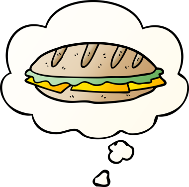 Düşünce baloncuklu karikatür peynirli sandviç bir insan tarafından çizilmiş.