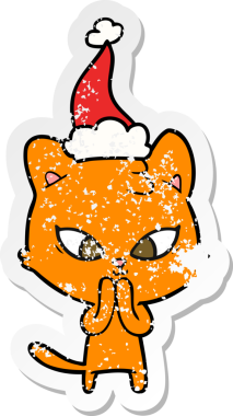 Bir insan tarafından çizilmiş Noel Baba şapkası takan bir kedi çizilmiş.