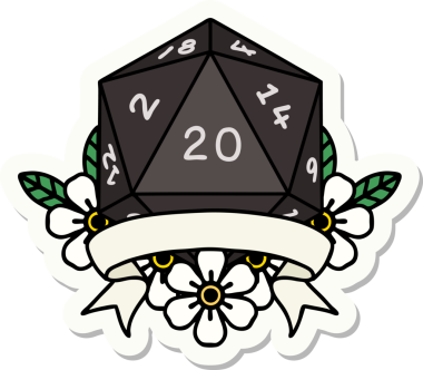 Bir insan tarafından çizilmiş 20 kritik vuruşluk D20 zar etiketi.