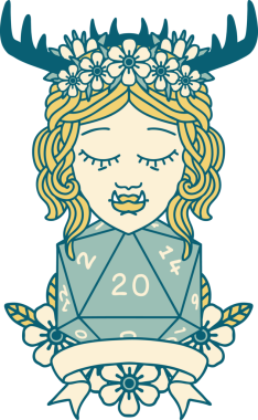 Retro Dövme Biçimli Ork karakteri bir insan tarafından çizilmiş 20 zar ile