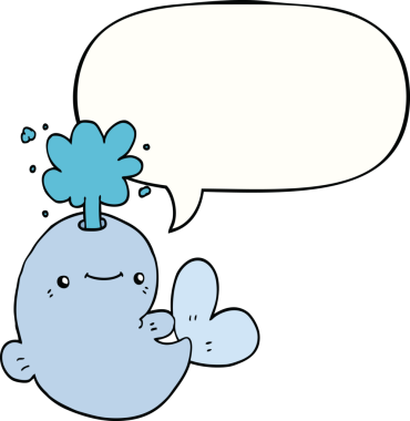 Bir insan tarafından çizilmiş konuşma baloncuğuyla su püskürten çizgi film balinası