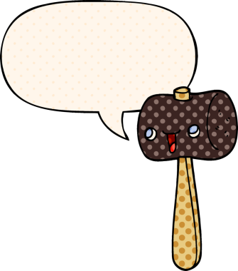 Bir insan tarafından çizilmiş, çizgi roman tarzında konuşma baloncuğu olan bir çekiç.